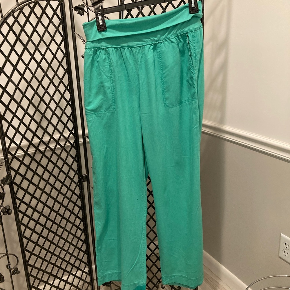 Anthropologie linen roll down wide leg pants green size L